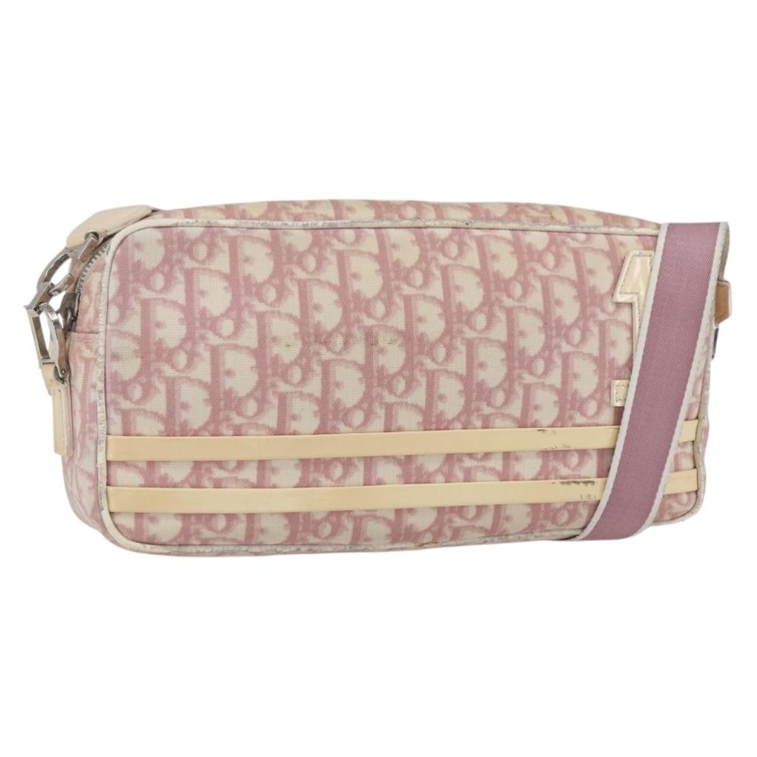 Pink Trotter Canvas PVC Christian Dior Shoulder Bag Silver Accents: Pink Trotter Canvas PVC Christian Dior Shoulder Bag Silver Accents This Christian Dior Trotter Canvas Shoulder Bag features a stylish combination of PVC leather and Trotter canvas in pink and silver t