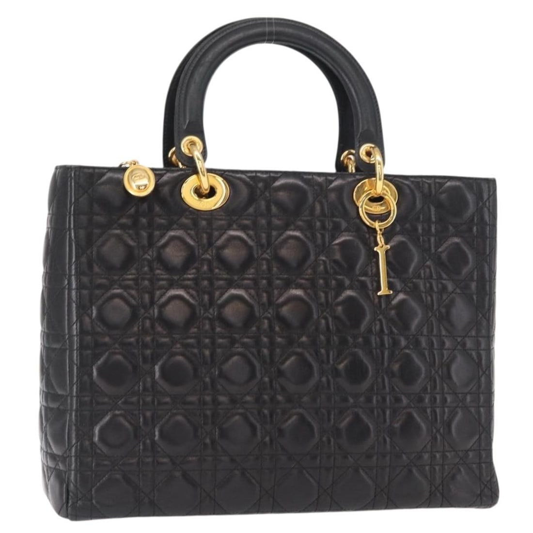 Christian Dior Lady Dior Tote Bag Black Gold Lamb Skin Auth 157801 (1 of 18)