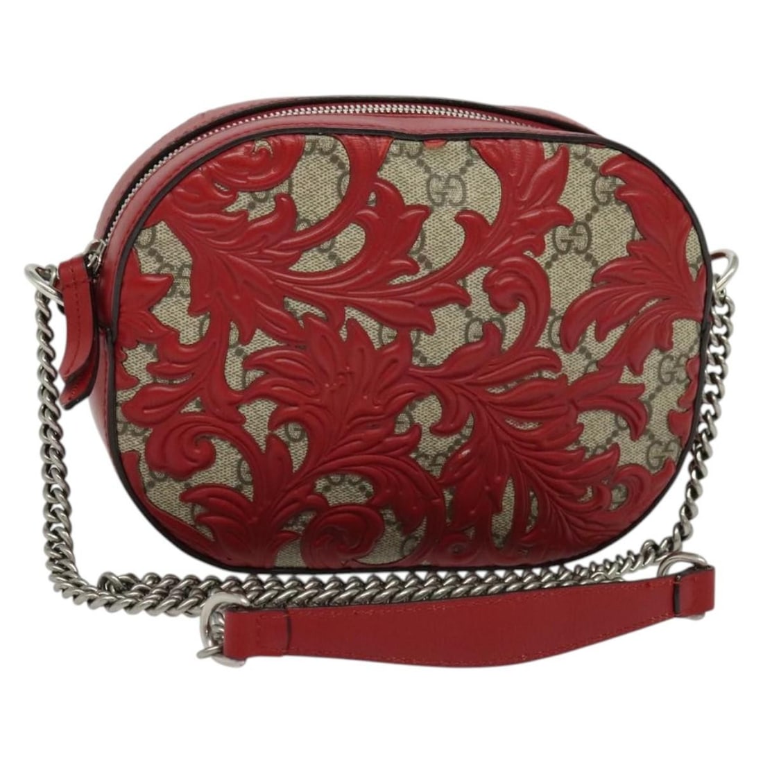 Gucci Arabesque GG Red Leather Chain Crossbody Bag: Gucci Arabesque GG Red Leather Chain Crossbody Bag This Gucci Chain Crossbody Bag features a red leather exterior adorned with Arabesque GG coated canvas detailing. Designed for women, it offers a com