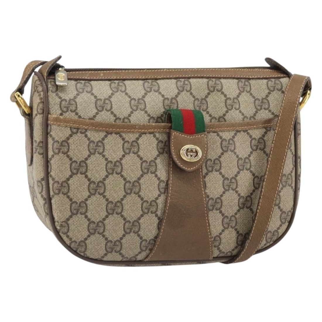Shoulder Bag by GUCCI GG Supreme Web Sherry PVC Beige Gold 89 02 032: Shoulder Bag by GUCCI GG Supreme Web Sherry PVC Beige Gold 89 02 032 This is a Gucci GG Supreme Web Sherry Line shoulder bag crafted from beige and gold PVC leather and GG canvas. The bag features a c