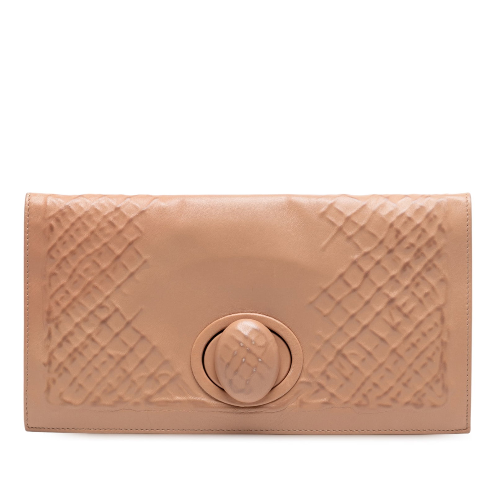 Bottega Veneta Nappa Embossed Leather Turnlock Clutch Bag Brown: Bottega Veneta Nappa Embossed Leather Turnlock Clutch Bag Brown This exquisite Bottega Veneta clutch showcases a sophisticated embossed leather body, accentuated by a front flap that features a secure
