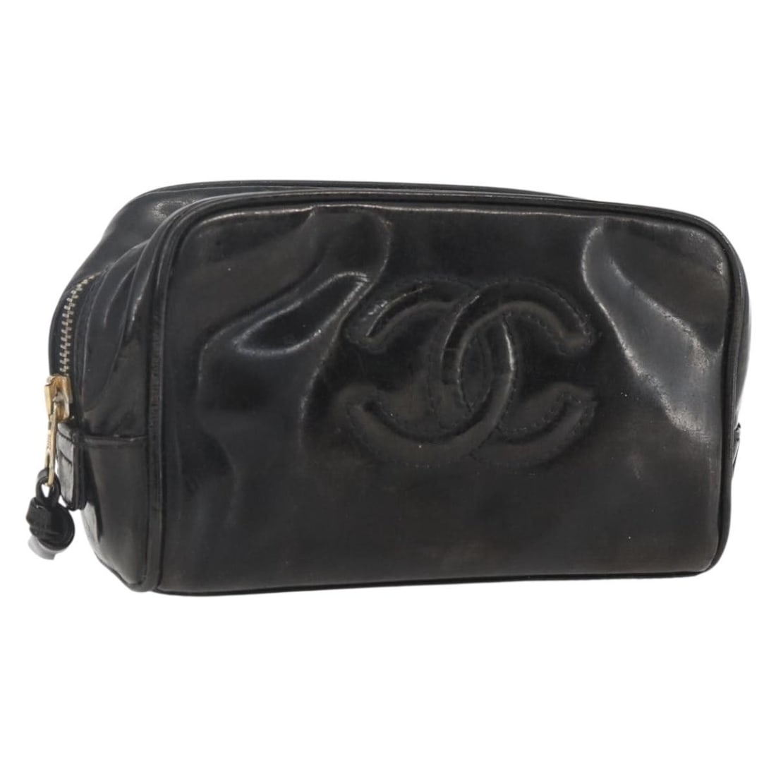 Black Patent Leather CHANEL CC Logo Pouch Gold Tone Accents: Black Patent Leather CHANEL CC Logo Pouch Gold Tone Accents This CHANEL pouch is crafted from black and gold patent leather and features the iconic CC design. It is a compact accessory with approximat