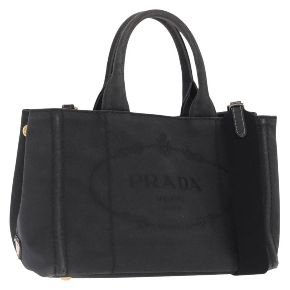 Prada Black Gold Canvas Canapa PM 2way Handbag with Shoulder Strap: Prada Black Gold Canvas Canapa PM 2way Handbag with Shoulder Strap This PRADA Canapa PM handbag features a two-way design crafted from black and gold canvas. It includes both a shoulder strap and dual