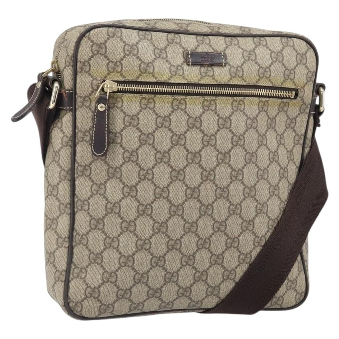 Beige Gold GG Supreme Shoulder Bag by Gucci PVC Leather 201448: Beige Gold GG Supreme Shoulder Bag by Gucci PVC Leather 201448 This Gucci GG Supreme shoulder bag features beige and gold PVC leather with GG canvas detailing. Designed for women, it offers a classic