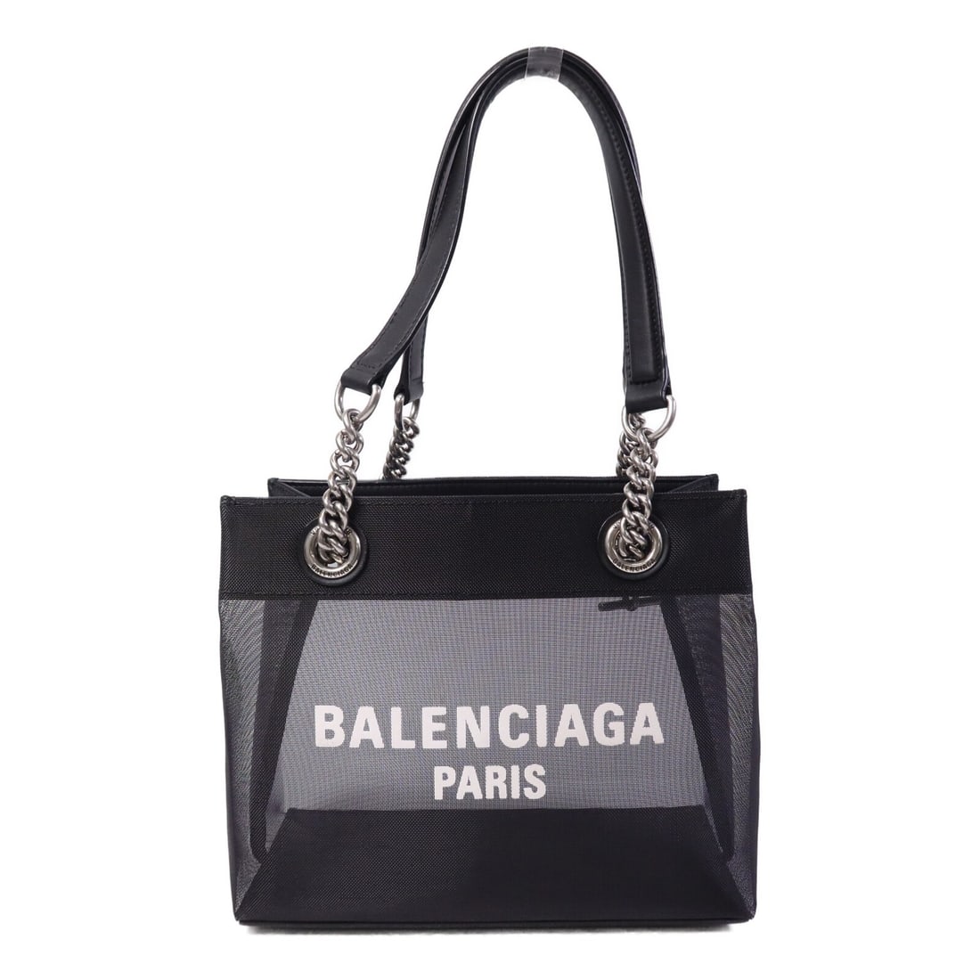 Balenciaga Small Black Nylon Tote with Silver Hardware: Balenciaga Small Black Nylon Tote with Silver Hardware This Balenciaga small tote bag features durable black nylon construction with silver-tone hardware. Designed for women, it offers a regular size