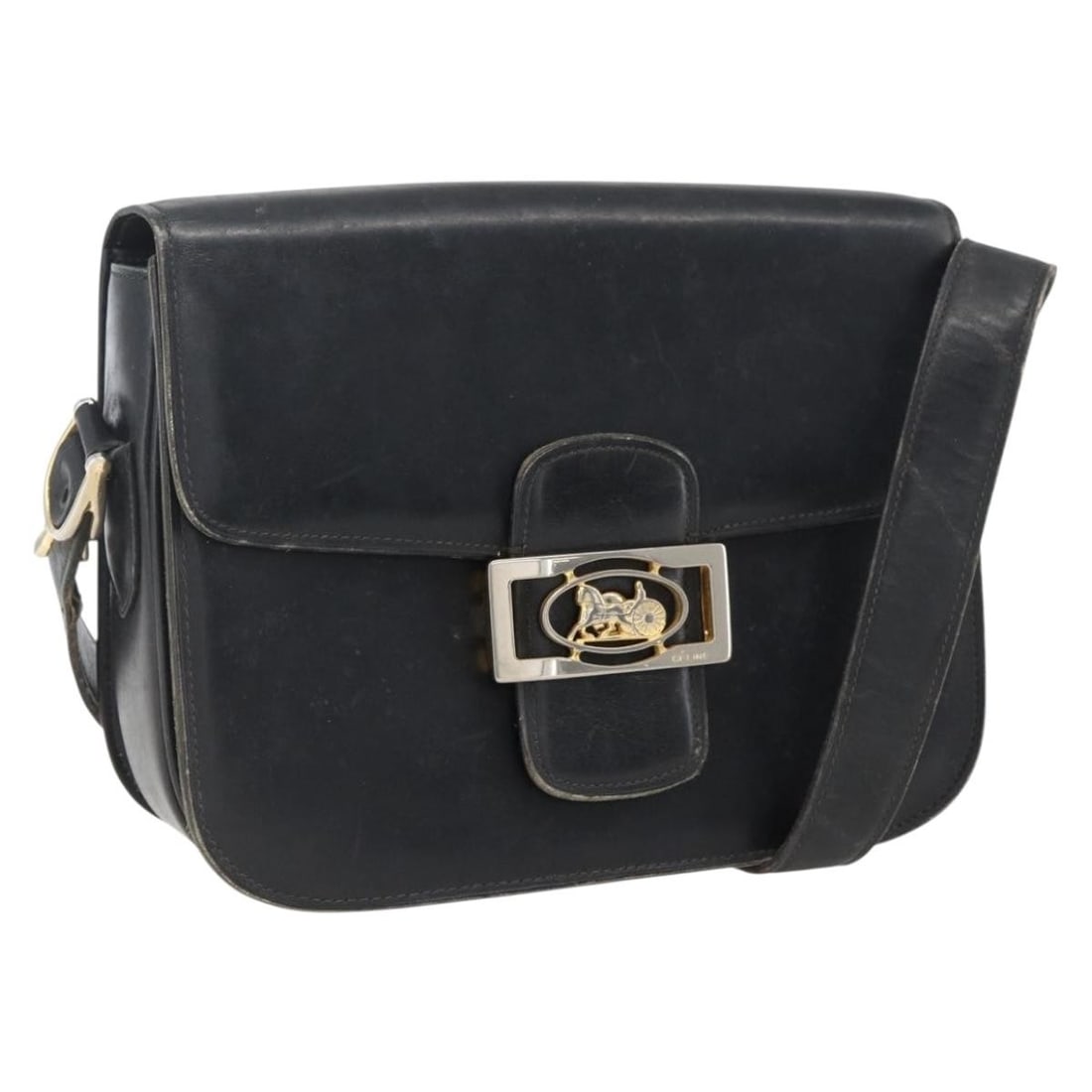 Celine Leather Shoulder Bag Black with Horse Carriage Detail: Celine Leather Shoulder Bag Black with Horse Carriage Detail This is a CELINE Horse Carriage shoulder bag crafted from black leather with gold-tone accents. Designed for women, it features a classic s