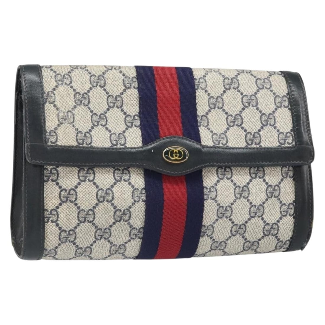 Navy Gold Gucci GG Supreme PVC Leather Clutch Bag 010 378 Italy: Navy Gold Gucci GG Supreme PVC Leather Clutch Bag 010 378 Italy This Gucci GG Supreme Sherry Line clutch bag is crafted from navy PVC leather and GG canvas, featuring gold-tone metal accents. Designed
