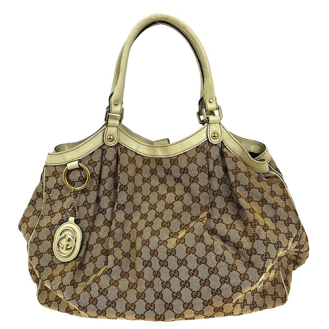 Gucci GG Beige Canvas Medium Tote Bag with Pink Handles: Gucci GG Beige Canvas Medium Tote Bag with Pink Handles This stunning Gucci Beige Canvas GG Tote Handbag is a perfect blend of luxury and practicality. Crafted from durable canvas leather, this vintag