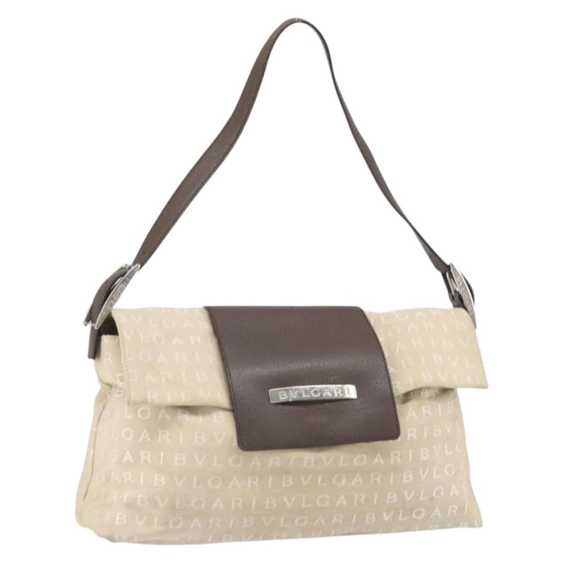 BVLGARI Canvas Logo Mania Beige Silver Shoulder Bag from Italy: BVLGARI Canvas Logo Mania Beige Silver Shoulder Bag from Italy This BVLGARI Logo Mania shoulder bag features a beige and silver canvas exterior. The bag has a structured rectangular shape with a shoul