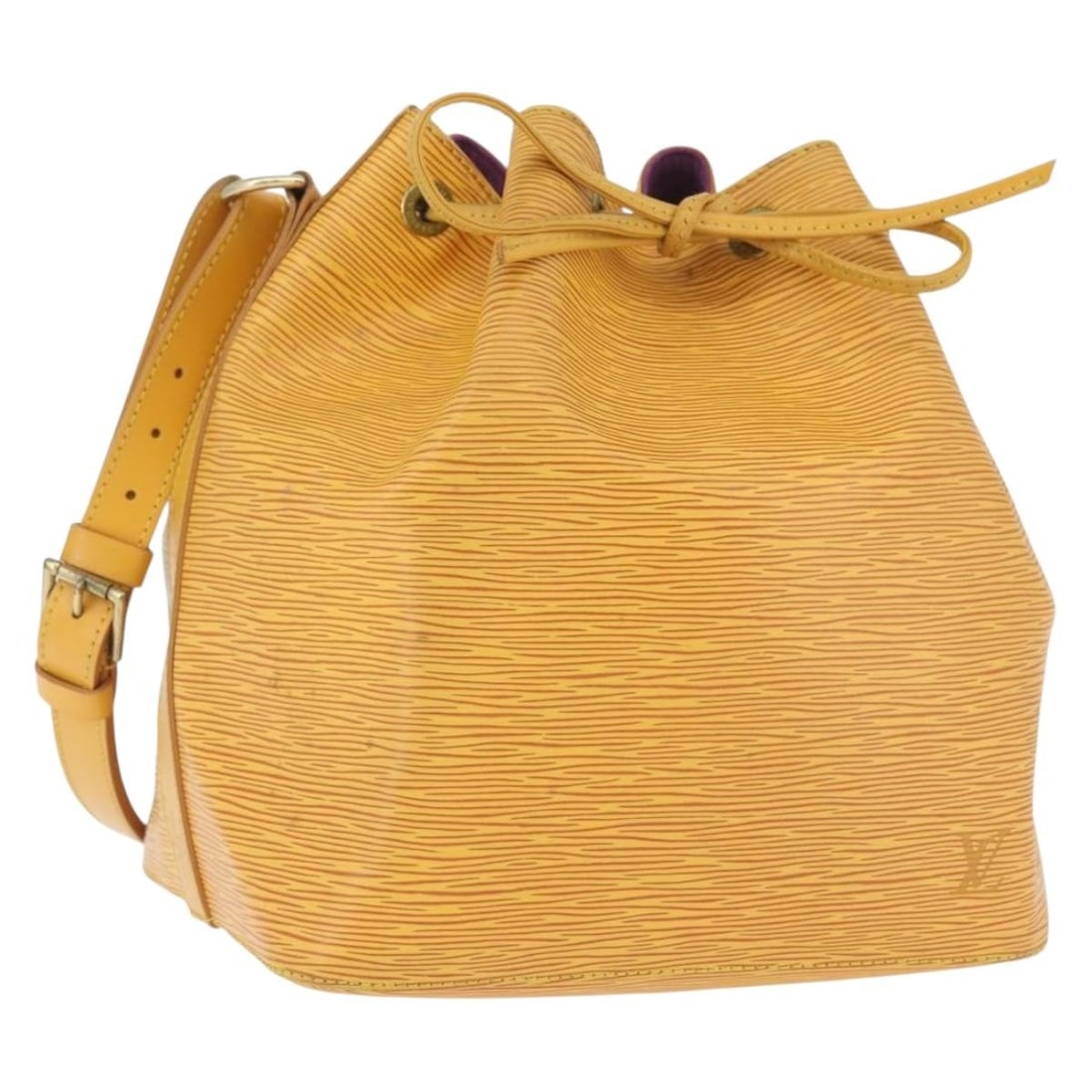 Yellow Epi Leather Petit Noe Shoulder Bag by Louis Vuitton M44109: Yellow Epi Leather Petit Noe Shoulder Bag by Louis Vuitton M44109 This is a Louis Vuitton Petit Noe shoulder bag in yellow Epi leather. The bag features a structured design with adjustable shoulder st
