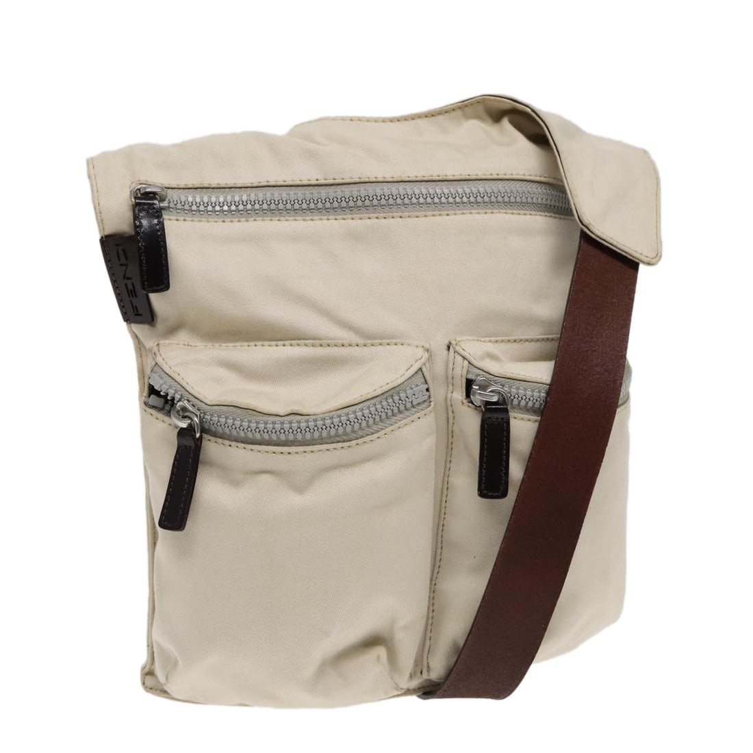 Fendi Canvas and Leather Shoulder Bag in Beige Brown Silver: Fendi Canvas and Leather Shoulder Bag in Beige Brown Silver This Fendi shoulder bag features a stylish combination of beige, brown, and silver canvas with leather accents. Designed for women, the bag