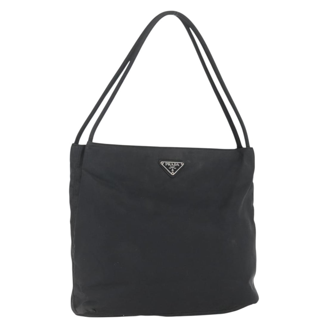 Prada Black Nylon Tote with Silver Tone Hardware and Guarantee Card: Prada Black Nylon Tote with Silver Tone Hardware and Guarantee Card This PRADA tote bag is crafted from black nylon with silver-tone accents. The bag features dual handles with an approximate drop of