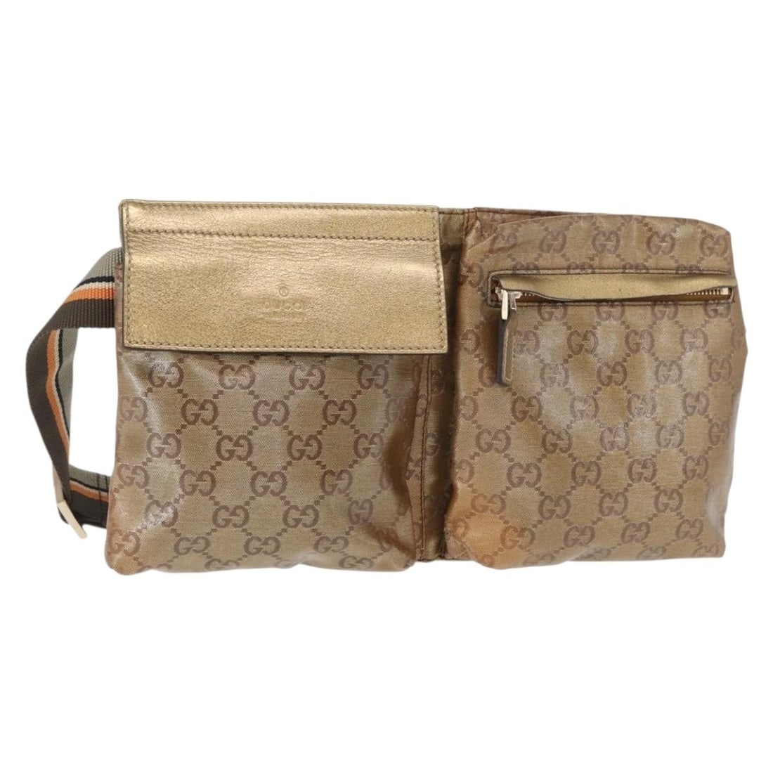 Gucci GG Canvas Sherry Line Gold Beige Waist Bag 28566 Italy: Gucci GG Canvas Sherry Line Gold Beige Waist Bag 28566 Italy This Gucci GG Crystal Sherry Line waist bag features gold and beige GG canvas and is crafted in Italy. The bag has a structured design with