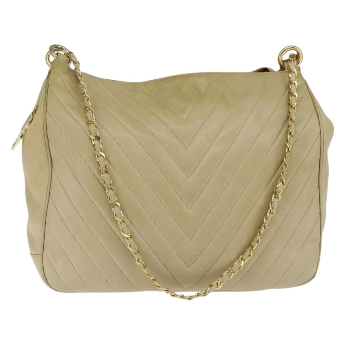 CHANEL Beige Gold Lamb Skin Chain V Stitch Shoulder Bag Auth BA7292: CHANEL Beige Gold Lamb Skin Chain V Stitch Shoulder Bag Auth BA7292 This exquisite CHANEL Chain V Stitch Shoulder Bag is crafted from luxurious lambskin in a sophisticated beige and gold color scheme.