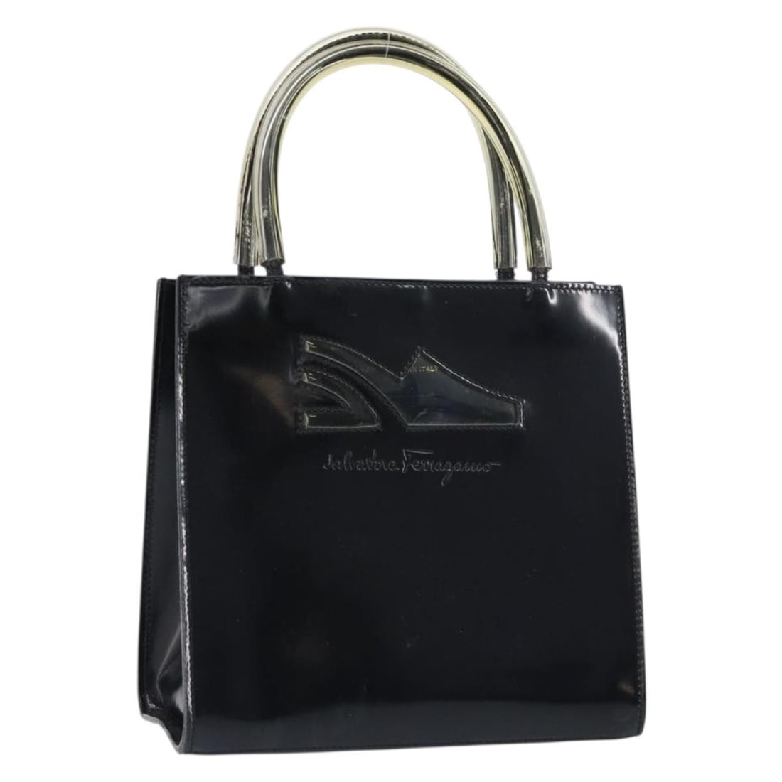 Salvatore Ferragamo Black Gold Enamel Hand Bag Authentic 143675: Salvatore Ferragamo Black Gold Enamel Hand Bag Authentic 143675 This exquisite Salvatore Ferragamo hand bag showcases a stunning black and gold enamel exterior, exuding elegance and sophistication. Me