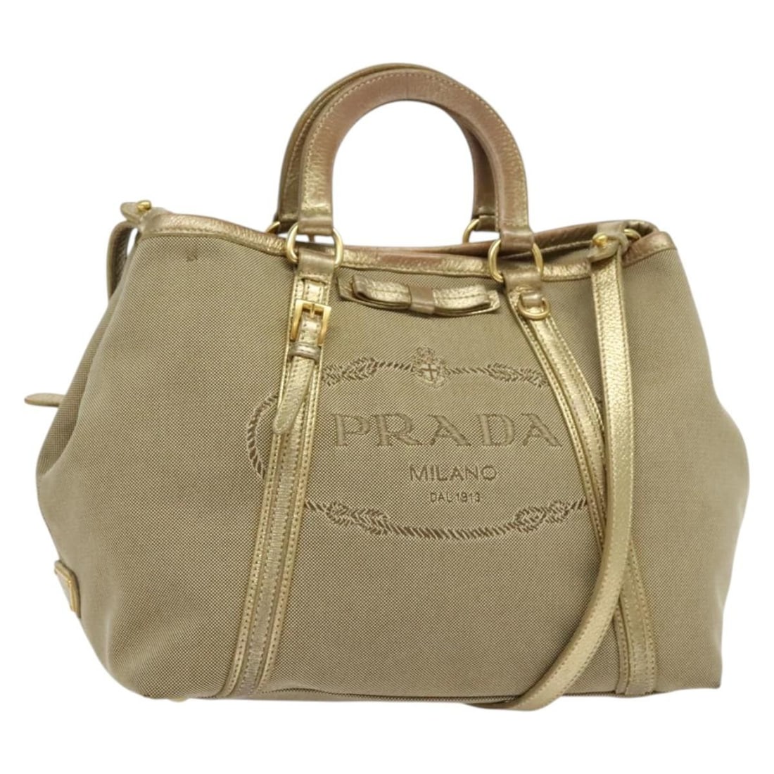 PRADA Logo Jacquard Canvas Hand Bag Beige Gold 2-Way Made in Italy (1 of 18)
