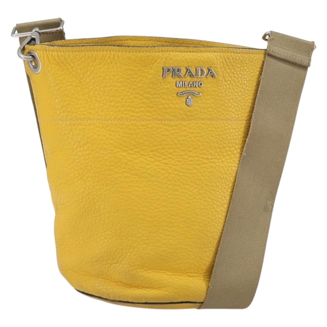 Prada Yellow Silver Leather Shoulder Bag with 21.7 Inch Strap Drop: Prada Yellow Silver Leather Shoulder Bag with 21.7 Inch Strap Drop This PRADA shoulder bag features a yellow and silver leather exterior and is crafted in Turkey. The bag has a structured shape with v