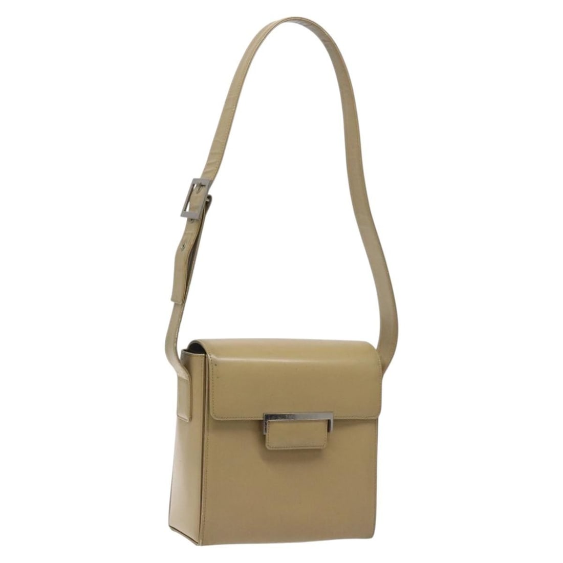 Beige Leather Shoulder Bag by Saint Laurent with Silver Accents: Beige Leather Shoulder Bag by Saint Laurent with Silver Accents This SAINT LAURENT women's shoulder bag features beige leather with silver-tone accents. The bag measures approximately 20 cm in height,