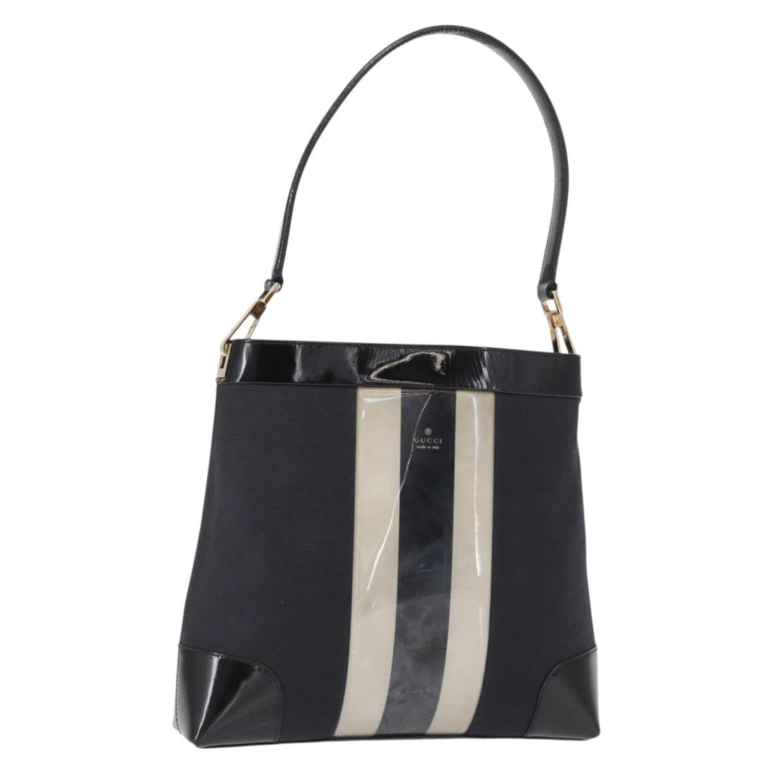 Black Canvas Shoulder Bag GUCCI 001 4231 Gold Accents Italy: Black Canvas Shoulder Bag GUCCI 001 4231 Gold Accents Italy This GUCCI shoulder bag features a black and gold canvas exterior with a structured silhouette. The bag measures approximately 10.2 inches i