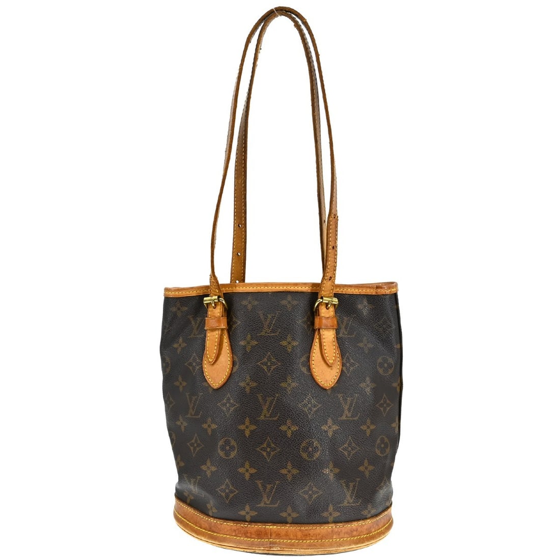Louis Vuitton Petite Bucket Monogram Canvas PM Shoulder Tote M42238: Louis Vuitton Petite Bucket Monogram Canvas PM Shoulder Tote M42238 This Louis Vuitton Monogram Bucket PM tote bag features the iconic monogram canvas exterior with brown leather shoulder straps and b