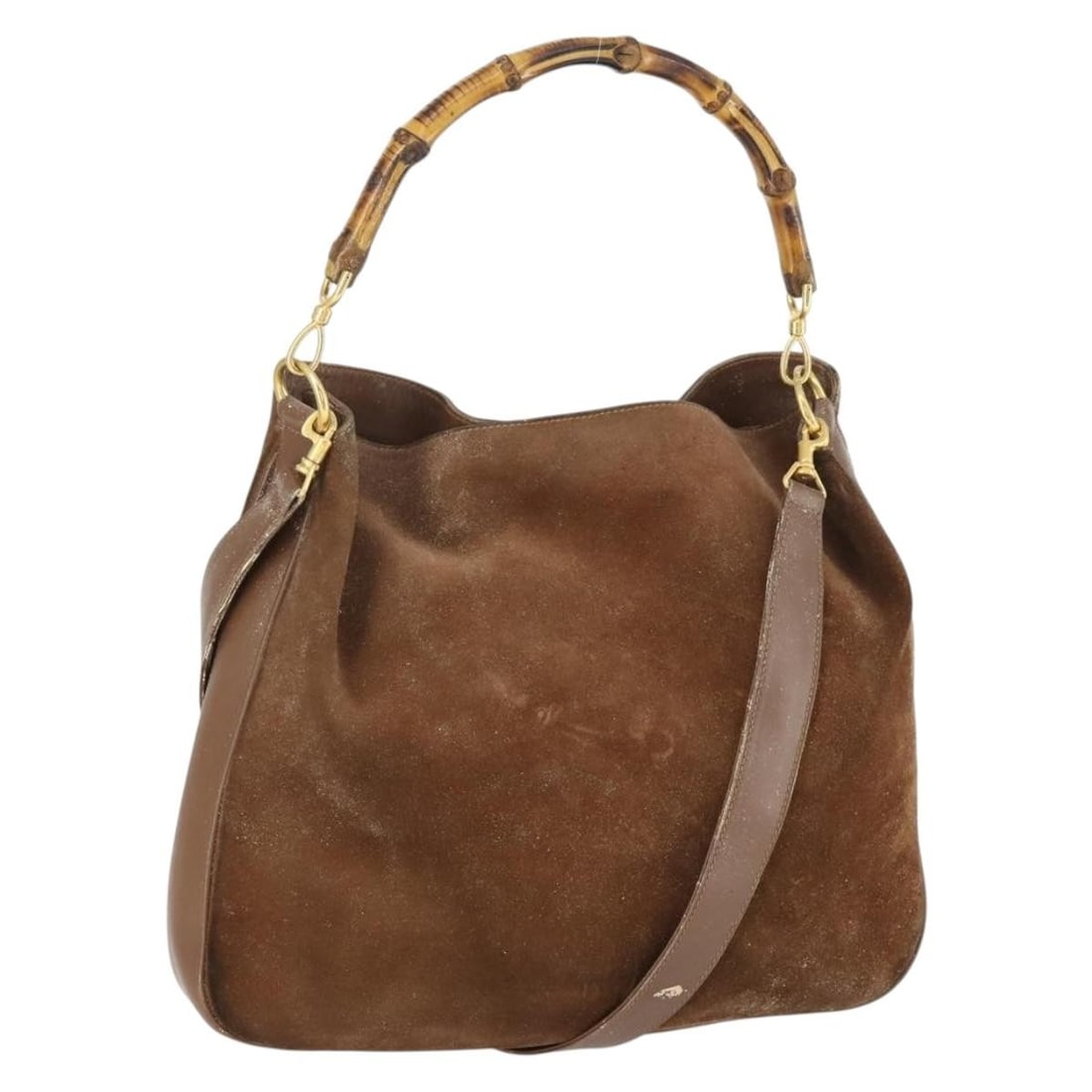 Gucci Suede Bamboo Brown Gold 2way Handbag With Shoulder Strap 001 1577 (1 of 18)