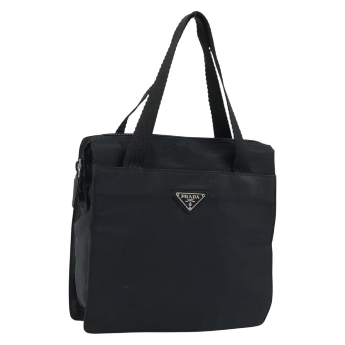 Prada Black Nylon Handbag with Silver Accents for Women: Prada Black Nylon Handbag with Silver Accents for Women This PRADA women's handbag is crafted from black nylon with silver-tone accents. Made in Italy, it features a compact design with a handle drop