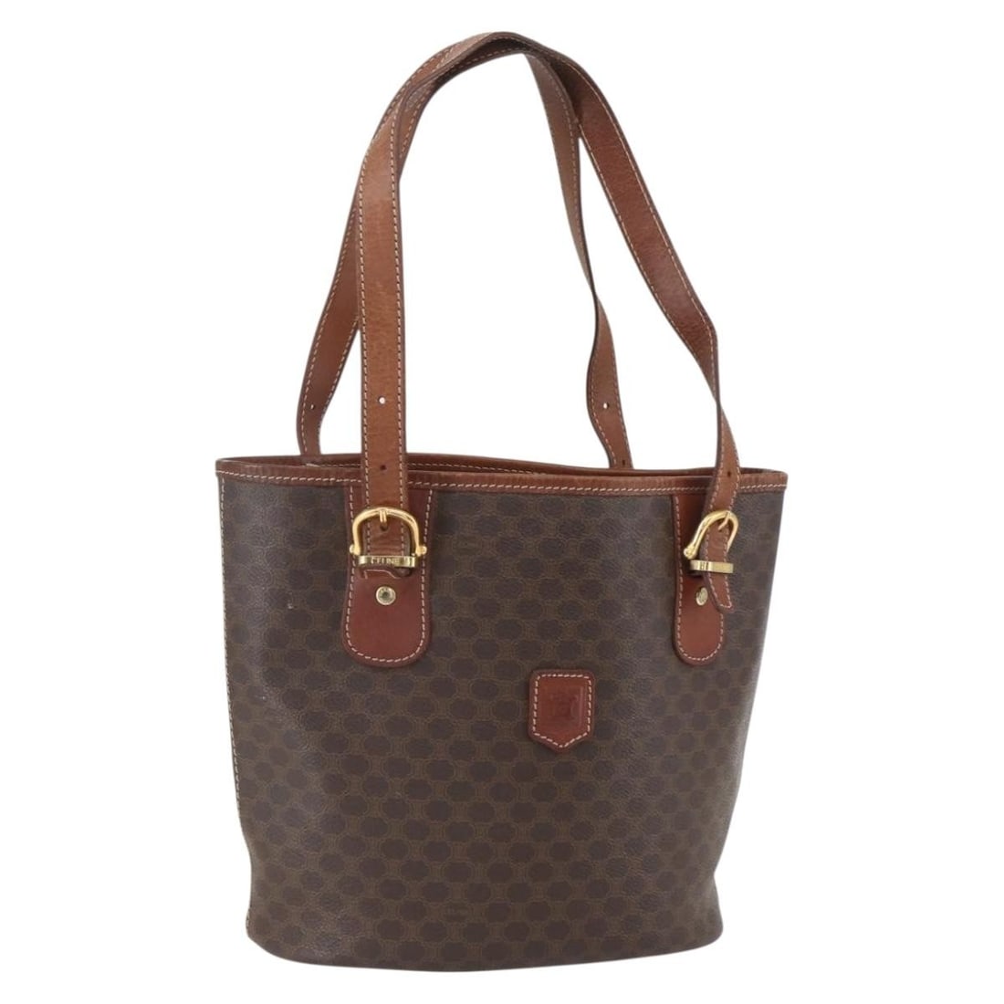CELINE Macadam Brown Gold PVC Leather Tote Bag Authentic Italy: CELINE Macadam Brown Gold PVC Leather Tote Bag Authentic Italy Experience the elegance of the CELINE Macadam Canvas Tote Bag, crafted from durable PVC leather in a sophisticated brown and gold color s