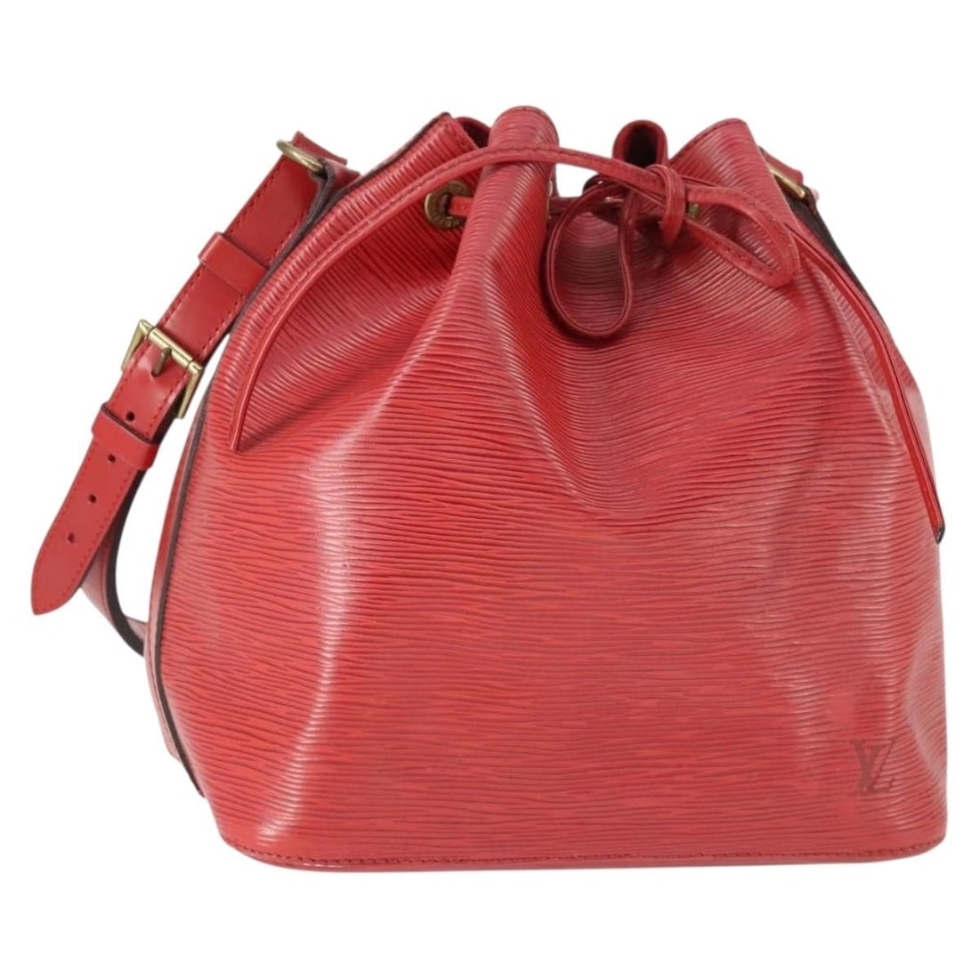 Louis Vuitton Noe Red Epi Leather Shoulder Bag M44007 France: Louis Vuitton Noe Red Epi Leather Shoulder Bag M44007 France This Louis Vuitton Epi Noe shoulder bag features a striking red Epi leather exterior and is designed for women. The bag is made in France a