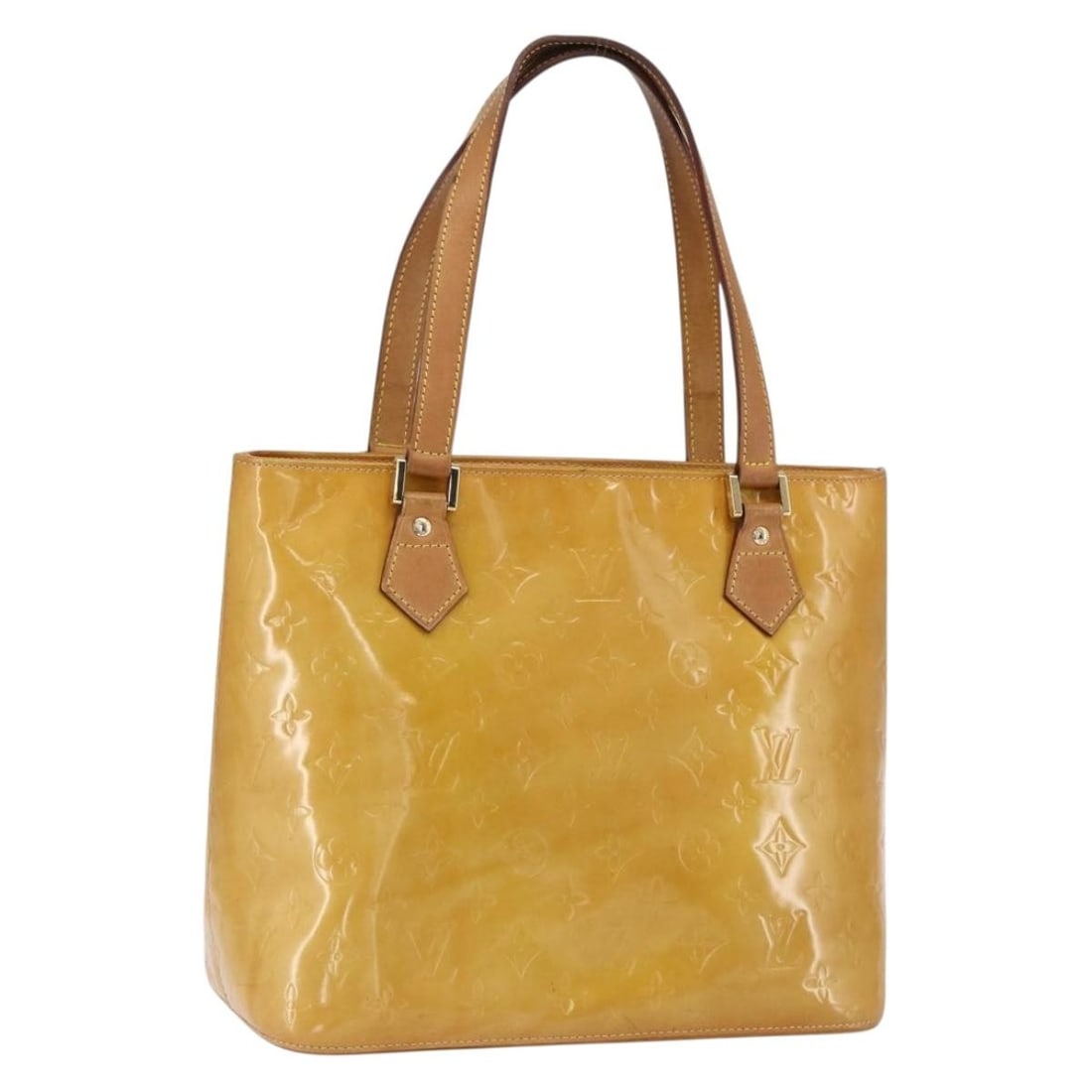 Beige Monogram Vernis Houston Patent Leather Handbag by Louis Vuitton M91004: Beige Monogram Vernis Houston Patent Leather Handbag by Louis Vuitton M91004 This is a Louis Vuitton Monogram Vernis Houston handbag crafted from beige patent leather. The bag features a spacious inte