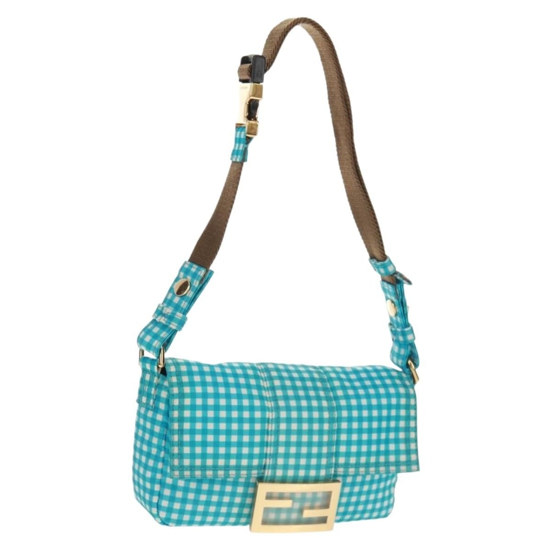 FENDI Mamma Baguette Light Blue Gold Shoulder Bag Auth 158965V: FENDI Mamma Baguette Light Blue Gold Shoulder Bag Auth 158965V The FENDI Mamma Baguette Shoulder Bag is a stylish accessory crafted from durable nylon in a light blue and gold color scheme. This bag f