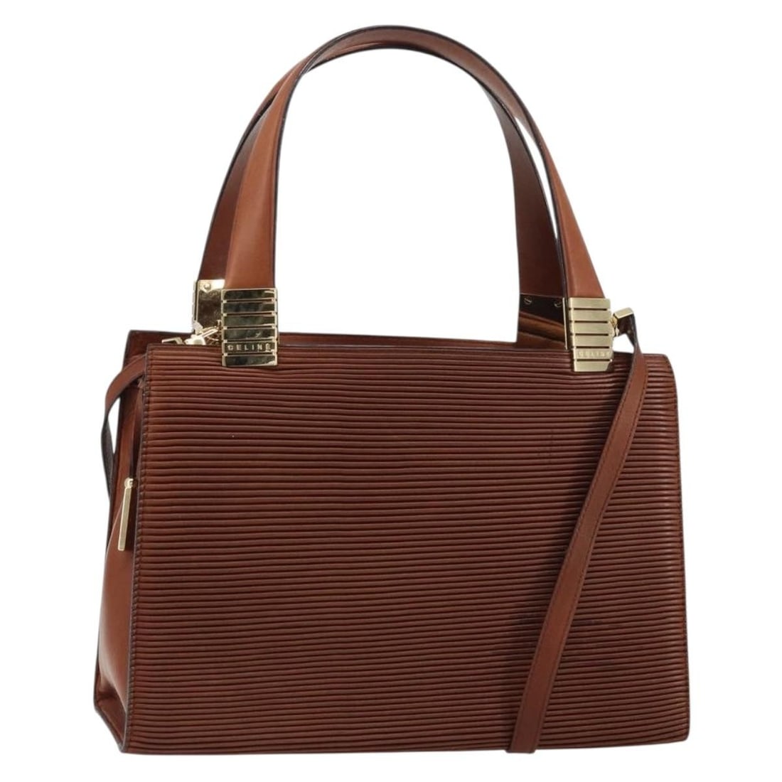 Celine Macadam Brown Leather Canvas Convertible Handbag with Shoulder Strap: Celine Macadam Brown Leather Canvas Convertible Handbag with Shoulder Strap This is a Celine Macadam Canvas and leather handbag in a brown and gold color scheme. The bag can be carried by hand or worn