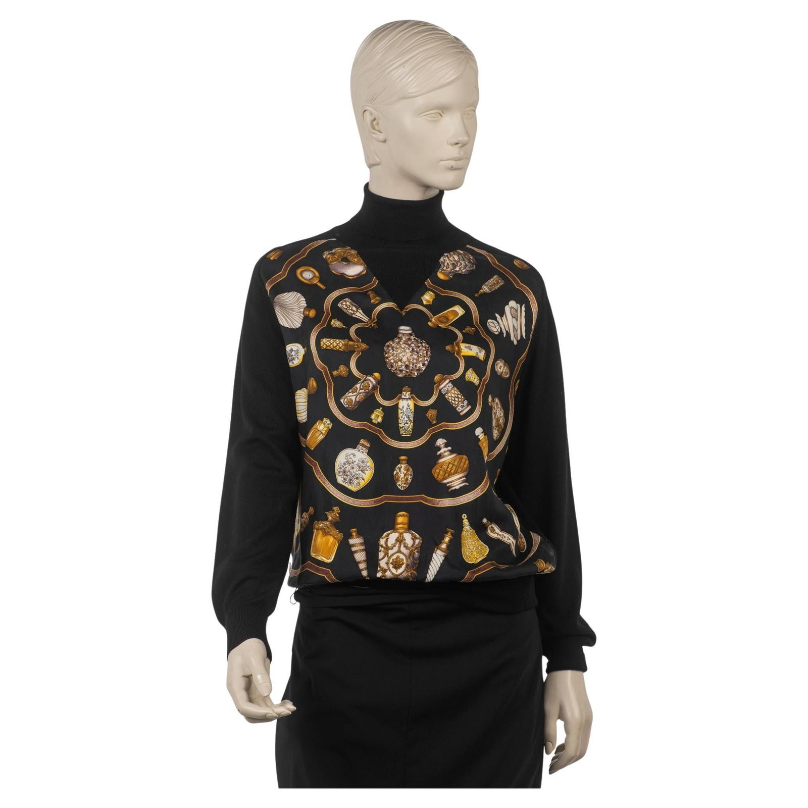 Hermes Qu'Importe Le Flacon Silk Sweater Italy 21st Century: Hermes Qu'Importe Le Flacon Silk Sweater Italy 21st Century Experience luxury with the Hermes "Qu'Importe Le Flacon" Sweater, a stunning piece that showcases a unique design featuring perfume bottles,