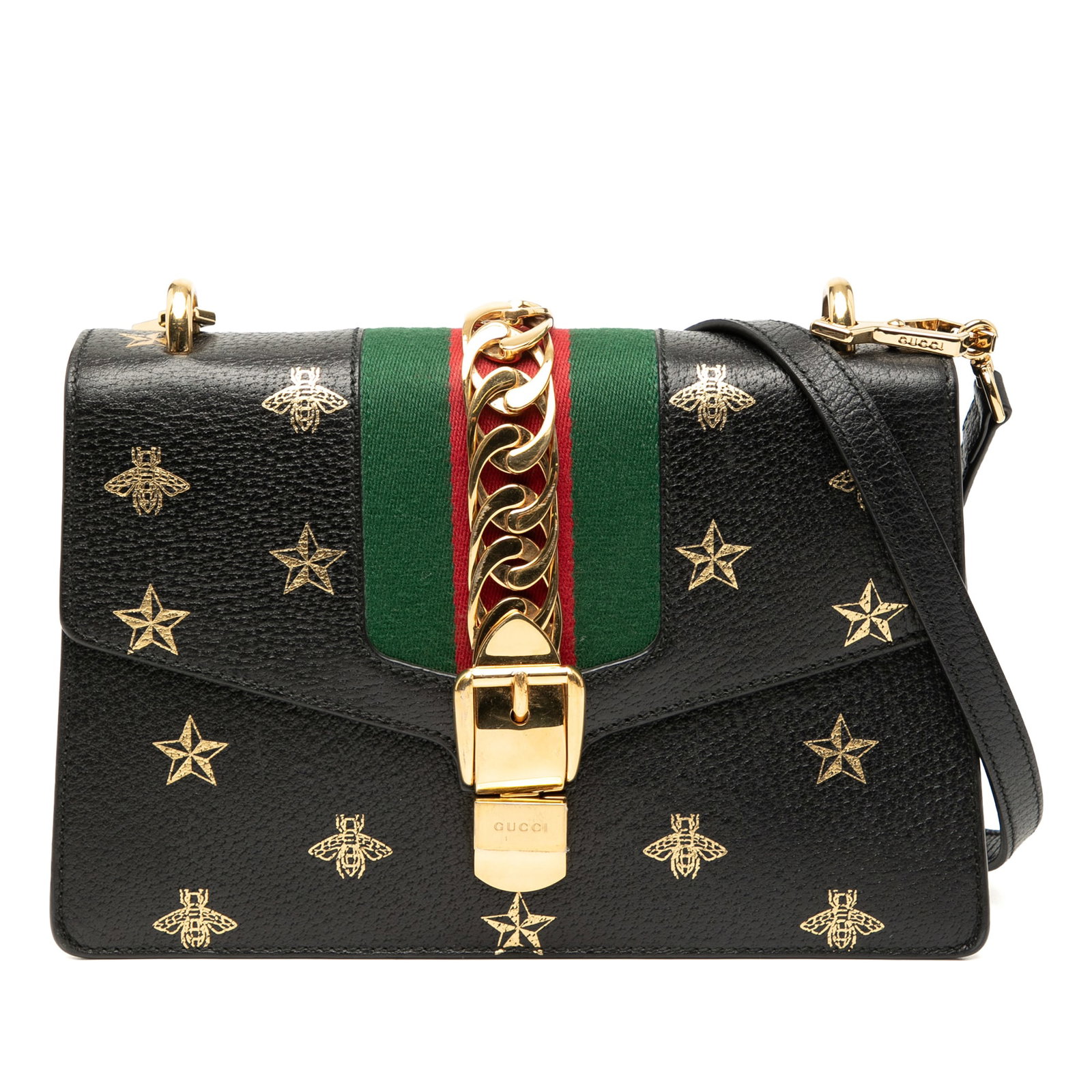 Gucci Sylvie Bee Star Black Leather Small Satchel with Detachable Strap (1 of 10)