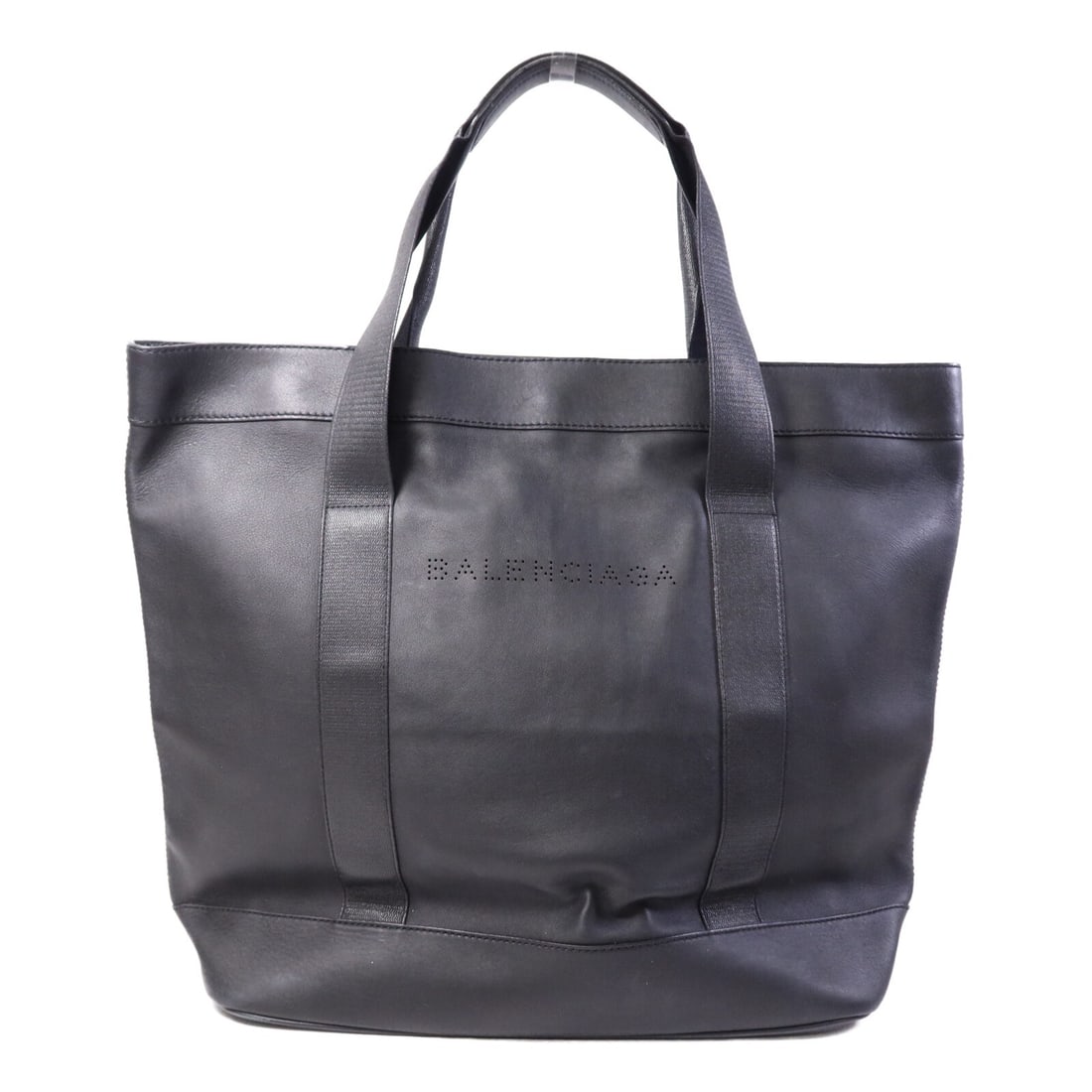 Balenciaga Black Calfskin Tote Bag with Silver Tone Hardware: Balenciaga Black Calfskin Tote Bag with Silver Tone Hardware This Balenciaga tote bag features black calfskin leather and a sleek design with silver-tone hardware. Crafted in France, the bag offers am