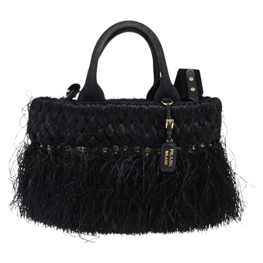 Prada Wicker Tote Handbag with Fringe in Black (1 of 18)