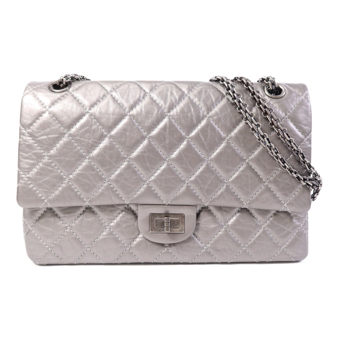Chanel 2.55 Large Silver Calfskin Leather Shoulder Bag with Chain Strap: Chanel 2.55 Large Silver Calfskin Leather Shoulder Bag with Chain Strap This CHANEL CC 2.55 large chain shoulder bag features premium calfskin leather in a striking silver color. Designed for women, i