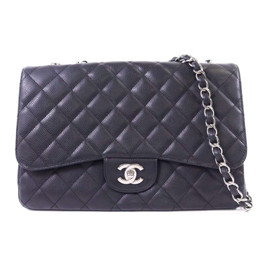 Black Calfskin Large Classic Shoulder Bag by Chanel with Silver Hardware: Black Calfskin Large Classic Shoulder Bag by Chanel with Silver Hardware This CHANEL Classic Chain Shoulder Bag features black calfskin leather and a silver-tone CC logo. Designed in a large size, it