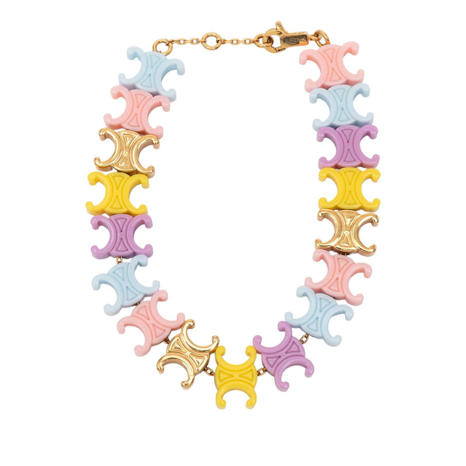 Celine Triomphe Baby Bracelet Multicolor Gold Tone Plexiglass: Celine Triomphe Baby Bracelet Multicolor Gold Tone Plexiglass This Celine bracelet features a multicolor plexiglass body with gold tone accents and a lobster claw clasp closure. Designed in Italy, thi