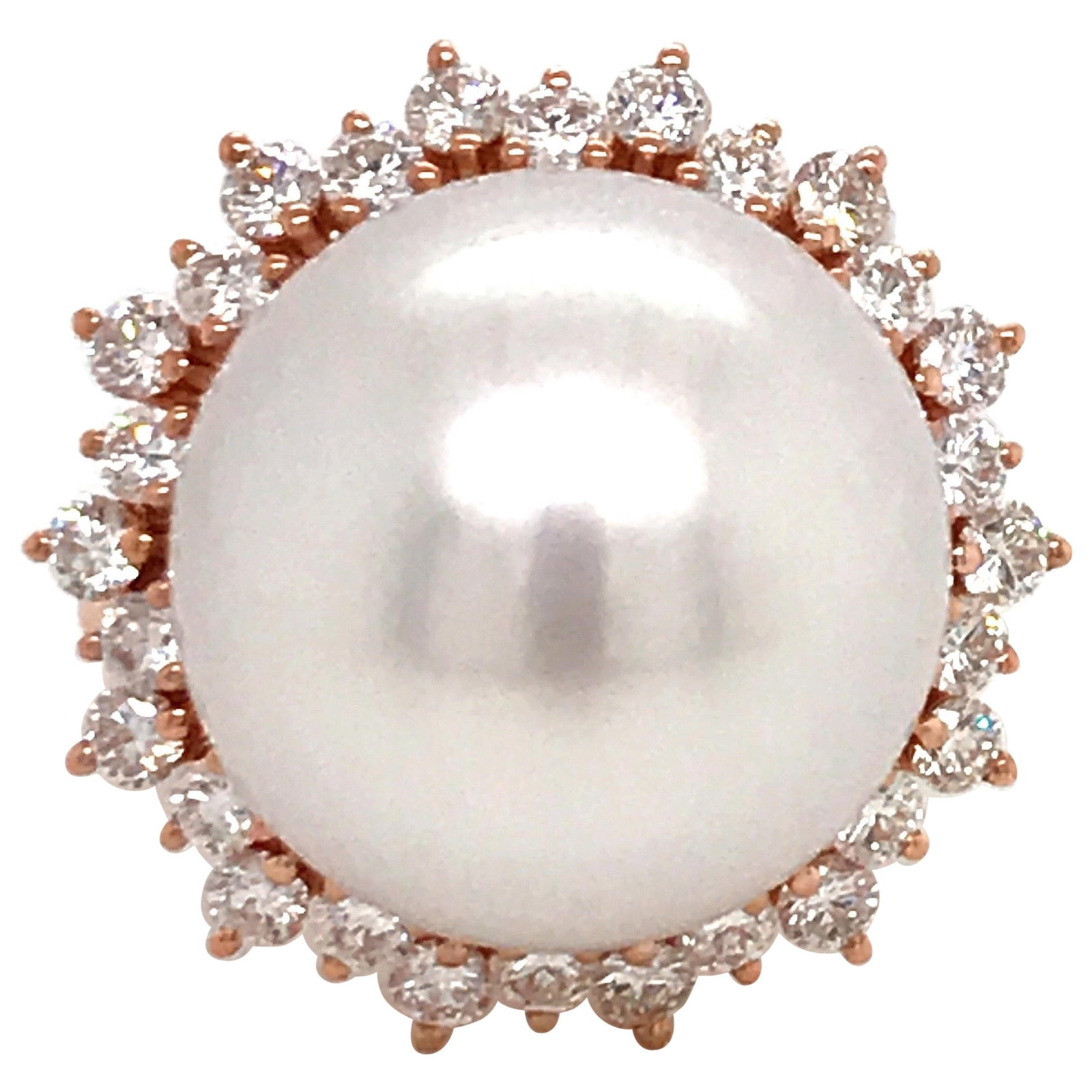 Harbor Diamonds South Sea Pearl Diamond Halo Ring 0.98ct 18K Rose Gold: Harbor Diamonds South Sea Pearl Diamond Halo Ring 0.98ct 18K Rose Gold This stunning 18K rose gold ring showcases a mesmerizing South Sea pearl, measuring 14-15 mm, elegantly surrounded by a halo of 2