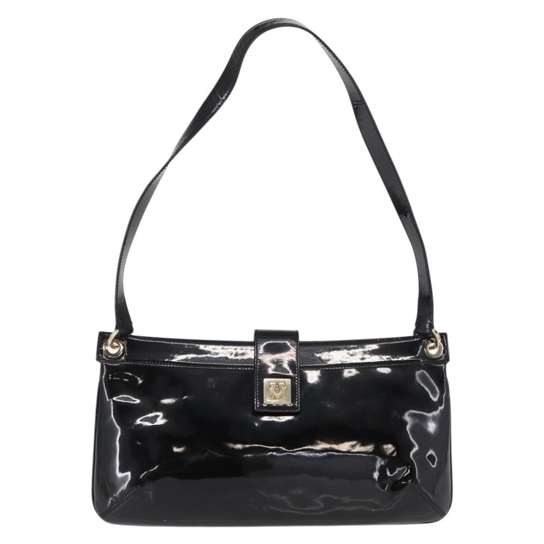 Black Patent Leather Gancini Shoulder Bag by Salvatore Ferragamo: Black Patent Leather Gancini Shoulder Bag by Salvatore Ferragamo This Salvatore Ferragamo Gancini shoulder bag for women features black patent leather construction with a sleek design. It shows signs