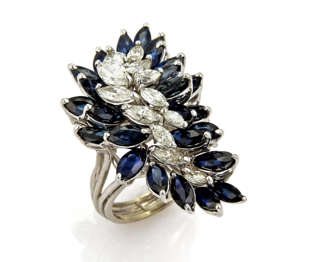 18k White Gold Elongated Cluster Ring with Marquise Diamond and Sapphire Size 5 (1 of 9)