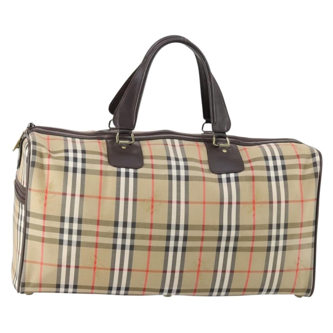 Vintage Burberry Haymarket Canvas Duffle Bag 50cm: Vintage Burberry Haymarket Canvas Duffle Bag 50cm This vintage Burberry duffle bag features the iconic Haymarket canvas design in beige. Crafted from durable canvas with leather handles, it offers a s