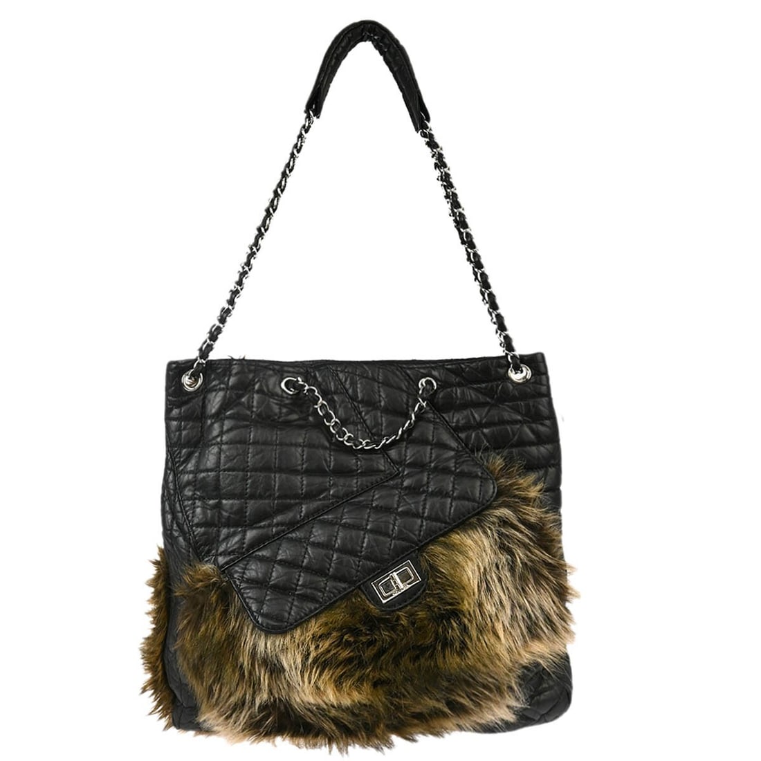 Chanel Mademoiselle Lock Black Fur and Lambskin Medium Tote Shoulder Bag (1 of 11)