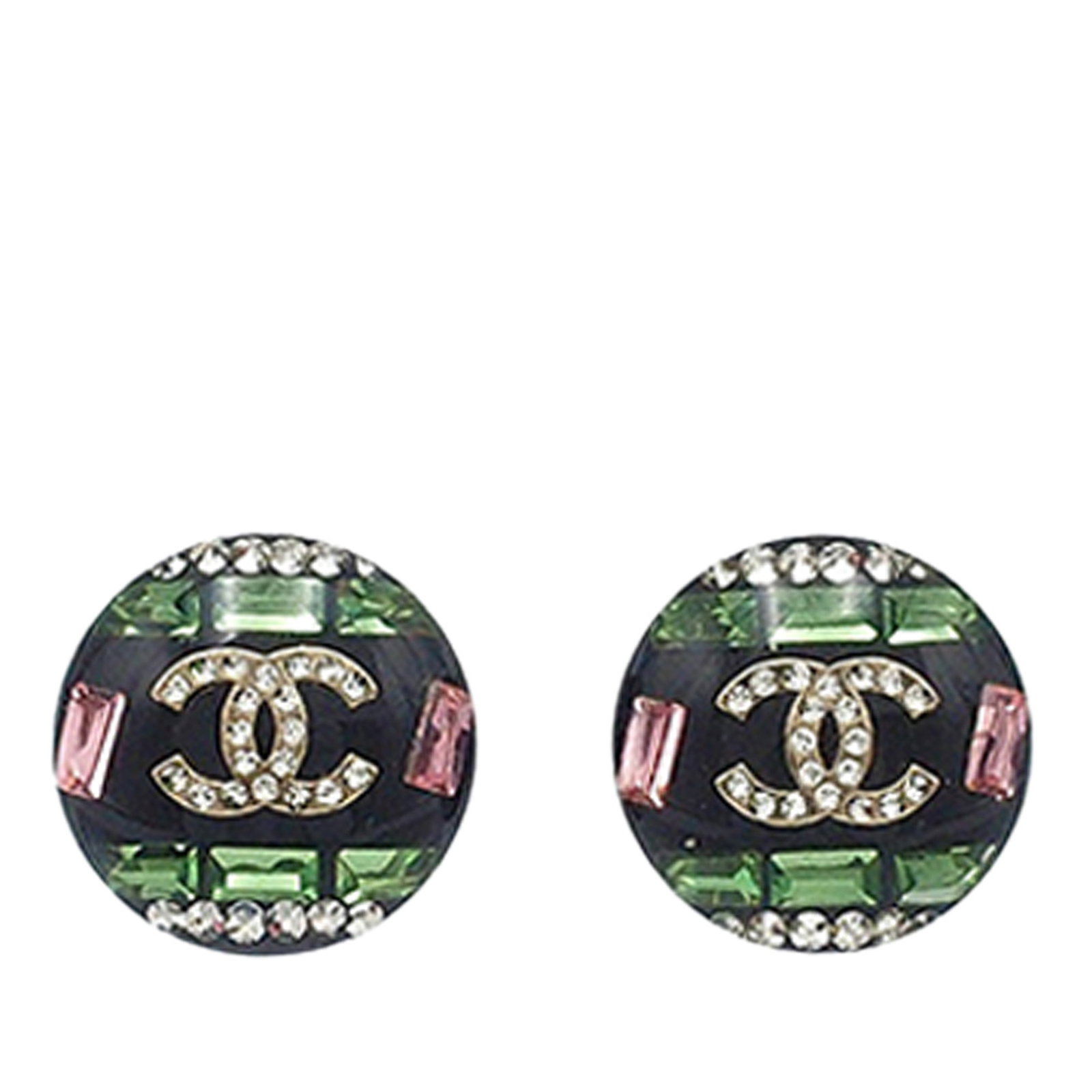 Chanel CC Logo Black Resin Rhinestone Round Stud Earrings (1 of 8)