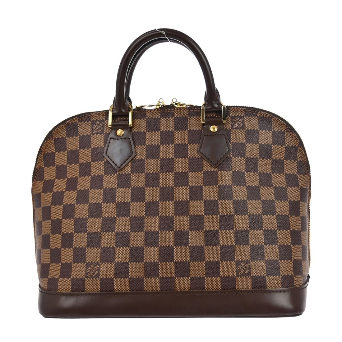 Louis Vuitton Alma Damier Ebene Monogram Canvas Top Handle Bag Medium: Louis Vuitton Alma Damier Ebene Monogram Canvas Top Handle Bag Medium This Louis Vuitton Damier Alma handbag features the iconic Damier Ebene canvas with a brown exterior and beige double handles. It