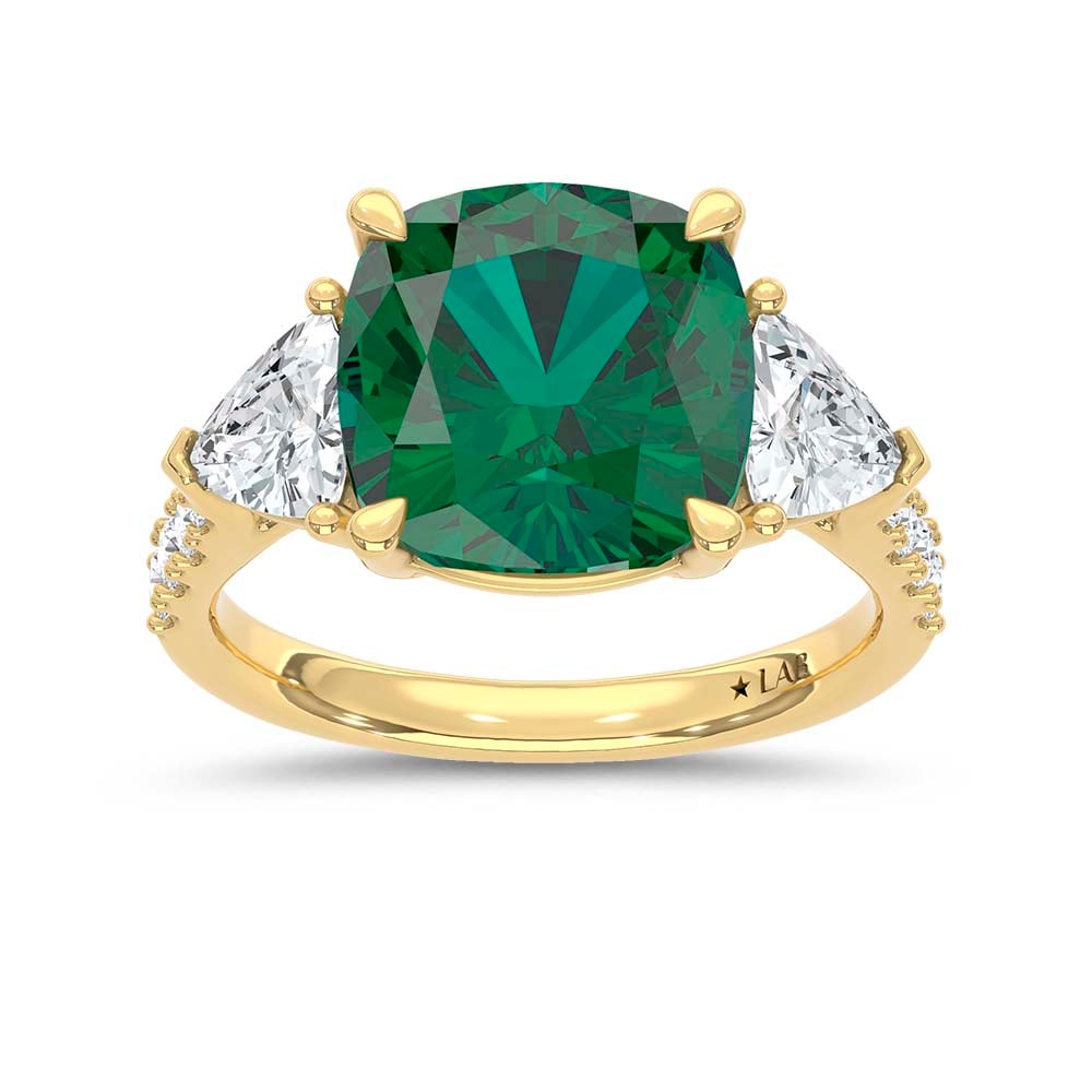 14K Yellow Gold Lab Grown Diamond 6 Ct.Tw. Cushion Shape Recrystalized Emerald Engagement Ring: 14K Yellow Gold Lab Grown Diamond 6 Ct.Tw. Cushion Shape Recrystalized Emerald Engagement Ring (Center 4 3/4 ct) Celebrate refined elegance with this 14K yellow gold engagement ring, featuring a dazzl