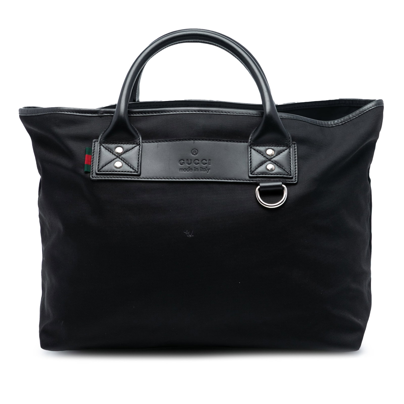 Gucci Black Nylon Web Laptop Tote with Leather Handles: Gucci Black Nylon Web Laptop Tote with Leather Handles This Gucci business bag features a durable black nylon body with leather trim and rolled leather handles. It is designed with an open top secured