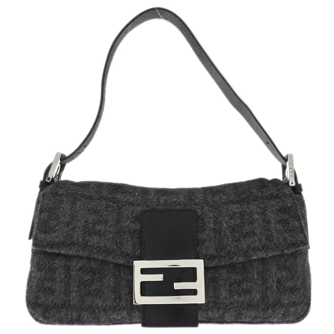 Fendi Baguette Medium Wool Shoulder Bag with Silver Hardware Gray: Fendi Baguette Medium Wool Shoulder Bag with Silver Hardware Gray This Fendi Baguette handbag features a gray wool exterior accented by the signature Zucca logo. Designed for casual occasions, it incl