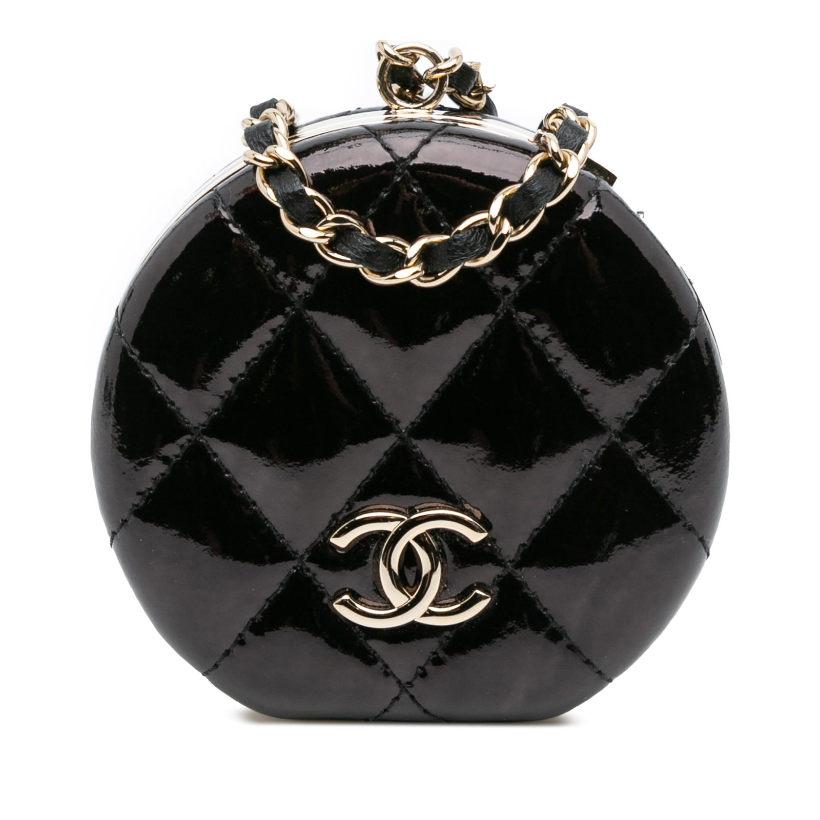 Chanel Black Quilted Patent Round Mirror Chain Necklace: Chanel Black Quilted Patent Round Mirror Chain Necklace Introducing the Chanel Quilted Patent Round Mirror Chain Necklace, a luxurious accessory that combines style and practicality. This exquisite pi