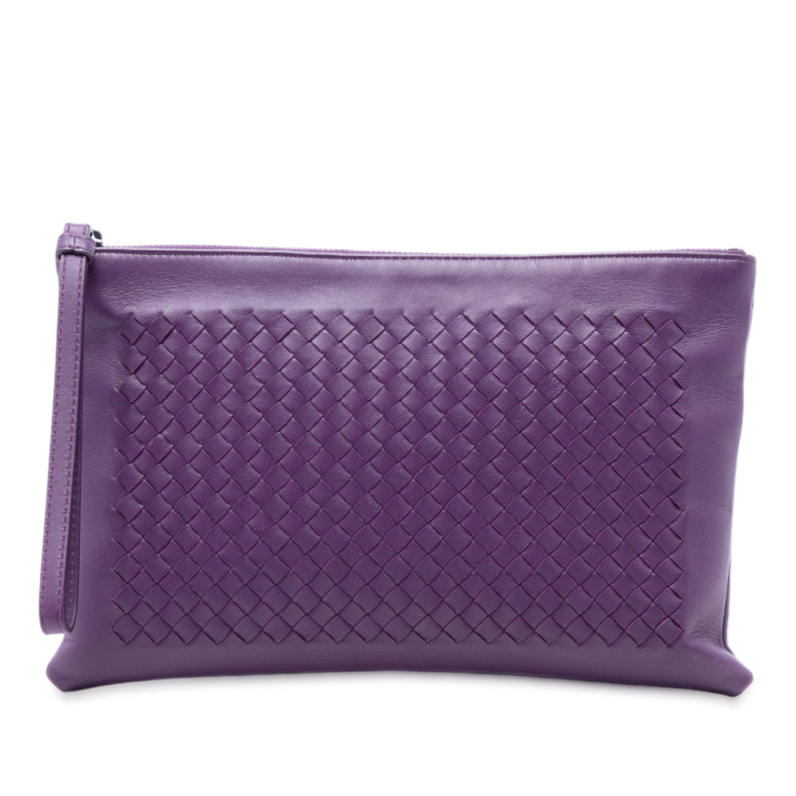 Leather Wristlet Purse by Bottega Veneta Nappa Intrecciato: Leather Wristlet Purse by Bottega Veneta Nappa Intrecciato This Bottega Veneta Nappa Intrecciato Wristlet Clutch features a signature woven leather exterior in purple, a flat leather wrist strap, and